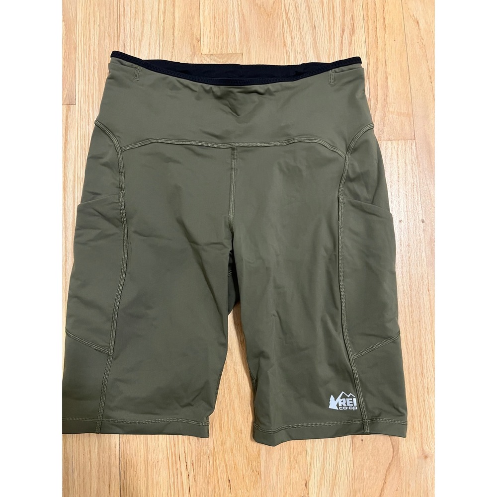 REI Co-op Mens Olive Green Active Biker Shorts Large Side Pockets Hiking Running